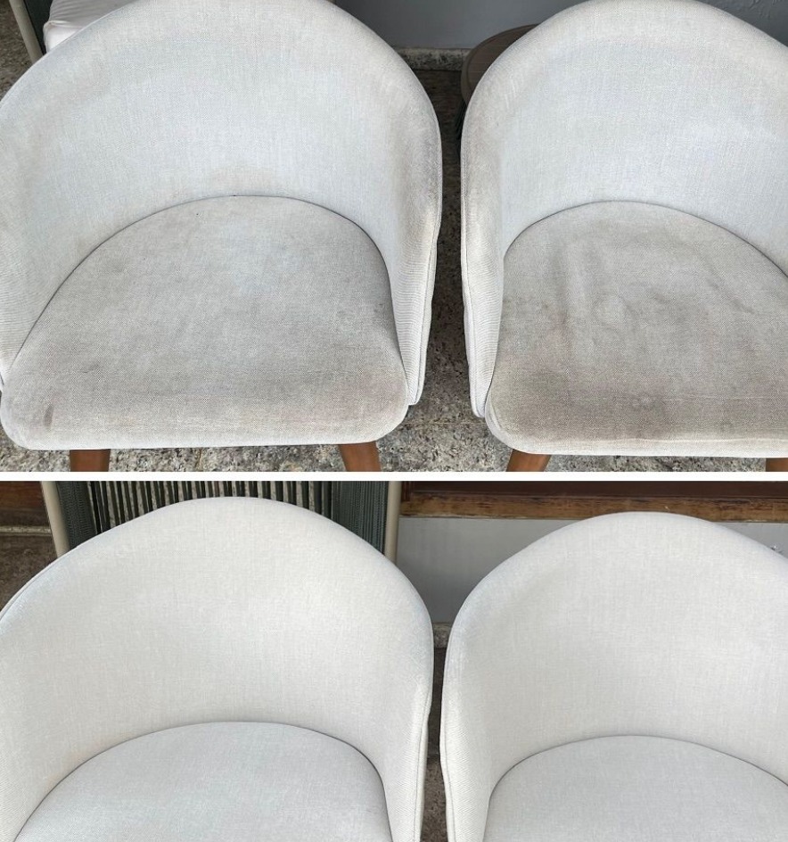 Deux fauteuils en tissu clair : avant nettoyage en haut, après nettoyage en bas