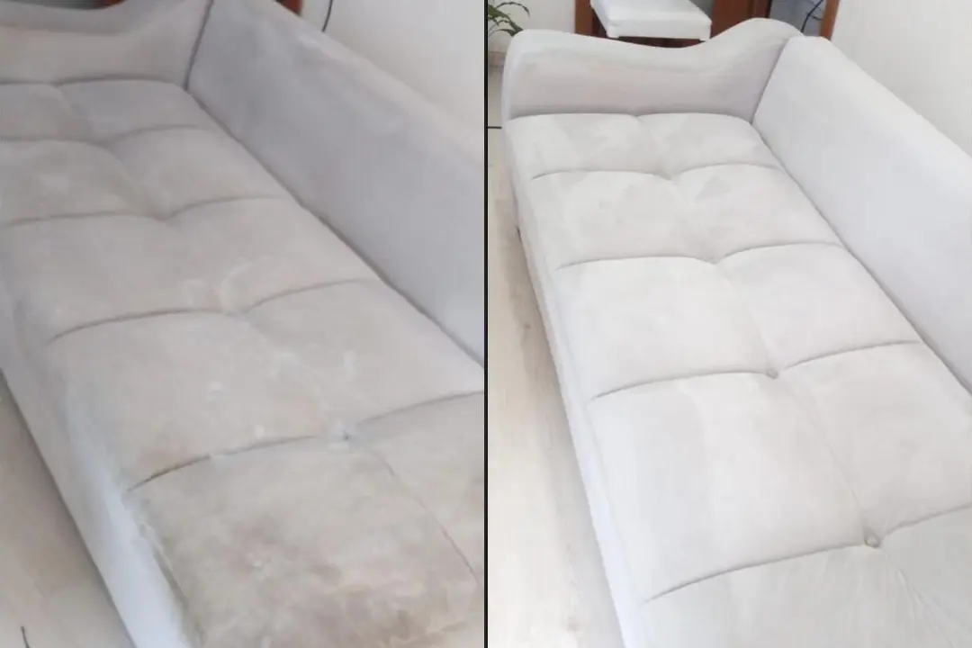 Comparaison avant à gauche et après à droite d’un canapé en tissu nettoyé