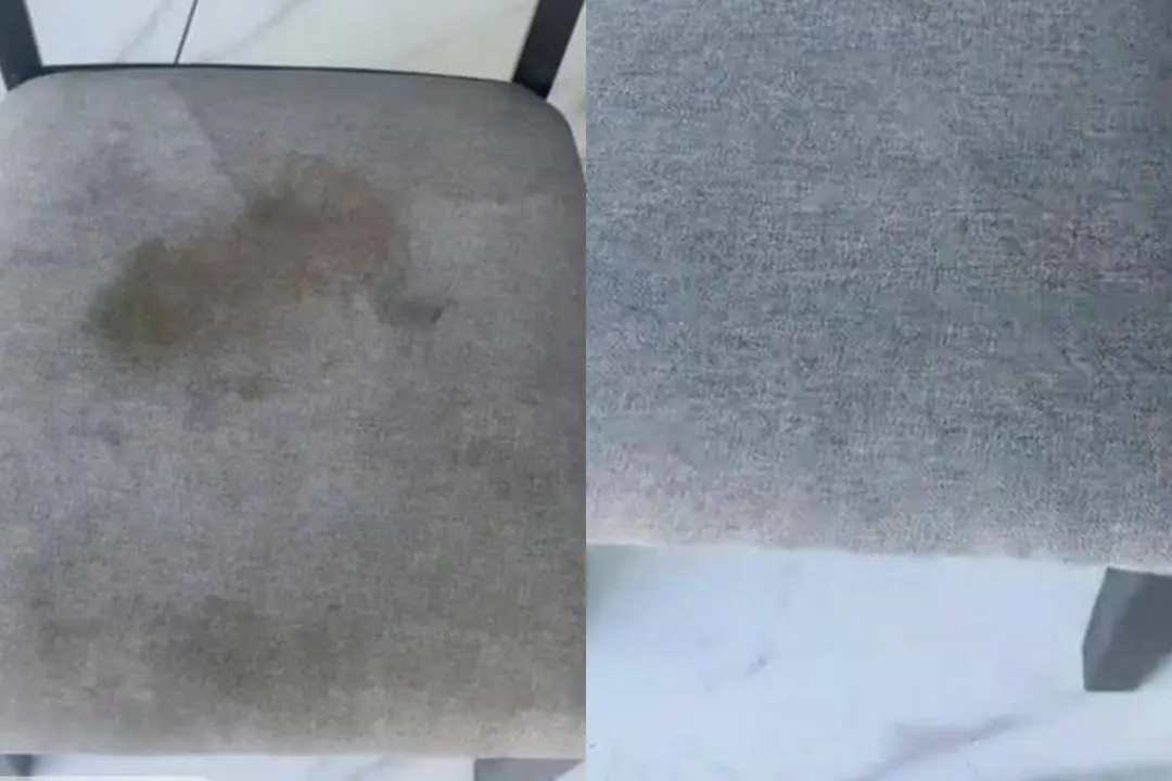 Comparaison avant à gauche et après à droite d’une chaise en tissu nettoyée