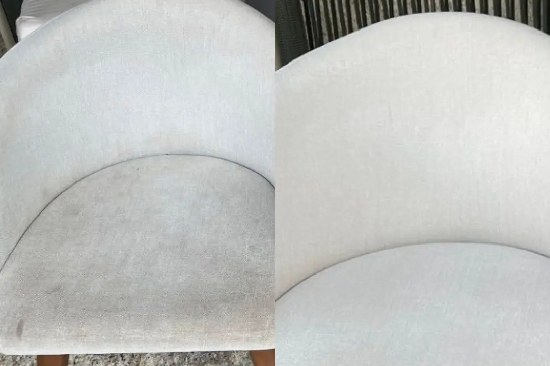 Comparaison avant à gauche et après à droite d’un fauteuil en tissu nettoyé