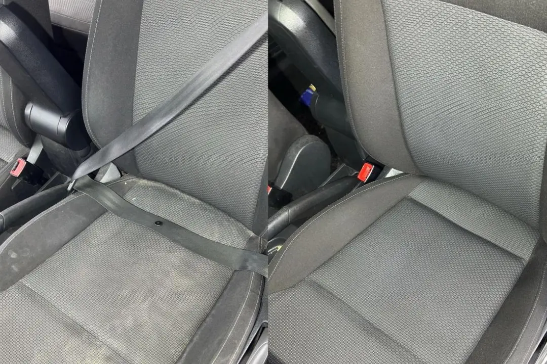 Comparaison avant à gauche et après à droite d’un siège de voiture nettoyé
